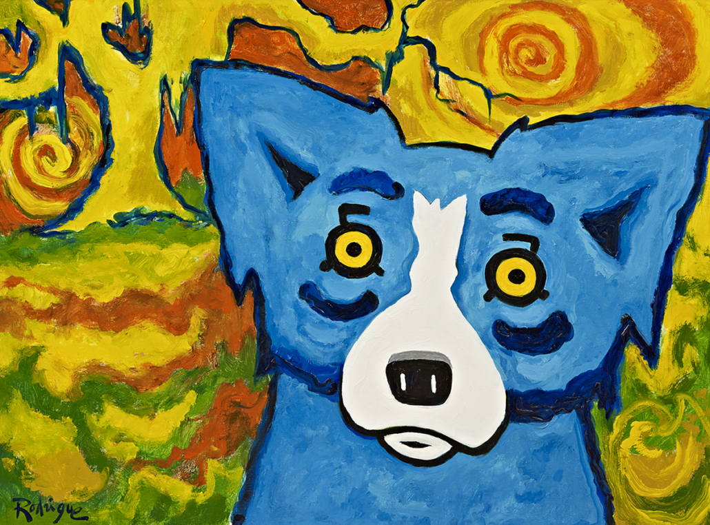 My Yellow Oak blue dog painting, George Rodrigue