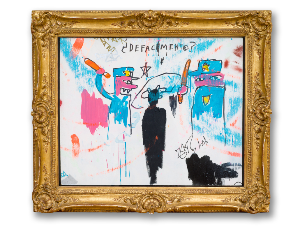 Jean-Michel Basquiat, Defacement (The Death of Michael Stewart) 1983, Project code: BAS07299, 25 x 30 1/2 inches (63.5 x 77.5 cm), acrylic and marker on wood, framed. The Collection of Nina Clemente, New York. 