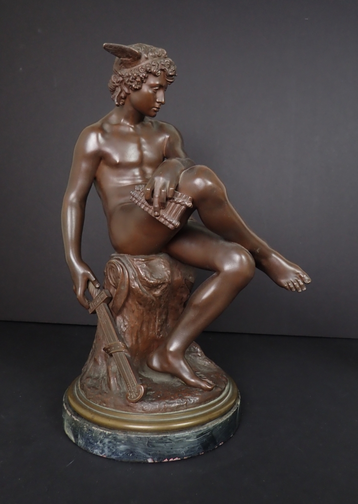 Pierre Marius Montagne (1828-1879), Rastender Merkur, bronze on faux marble base, 19in high. Estimate: $1,200-$1,500