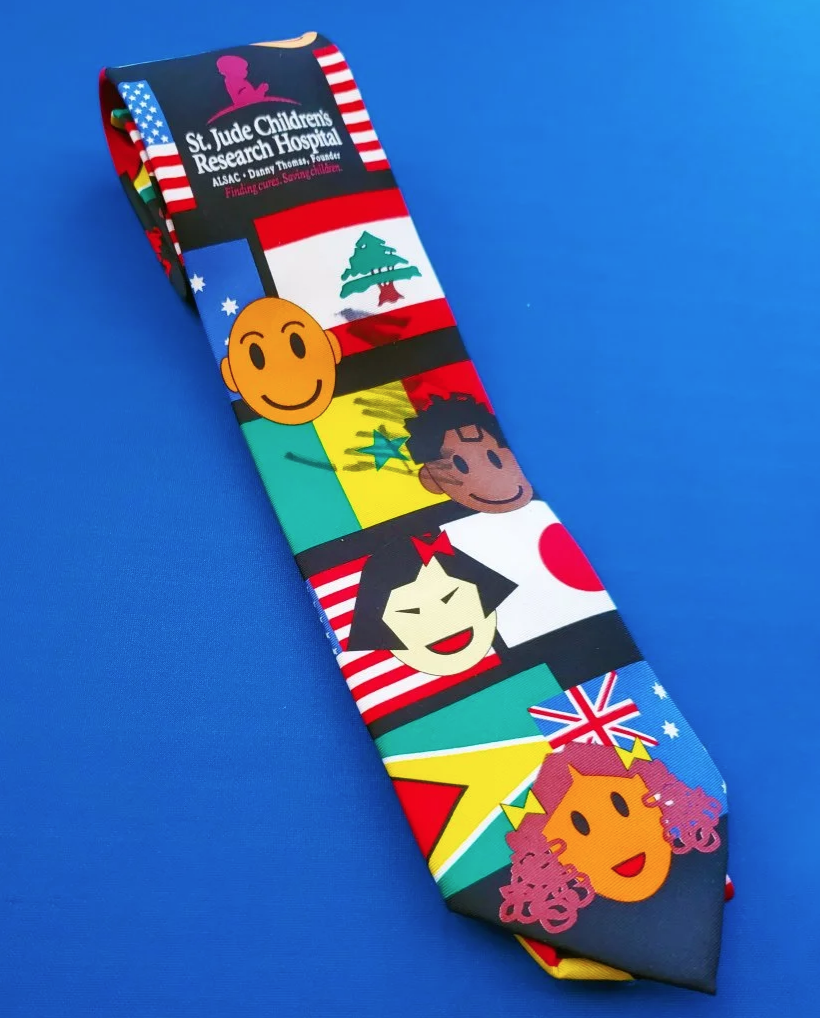 Necktie designed by St. Jude children's hospital patients and signed by President Donald Trump, to be auctioned July 12, 2019, to benefit the hospital. Image courtesy of LiveAuctioneers
