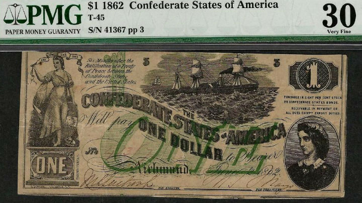 Hand-signed Richmond, VA Confederate dollar sold for $2,750