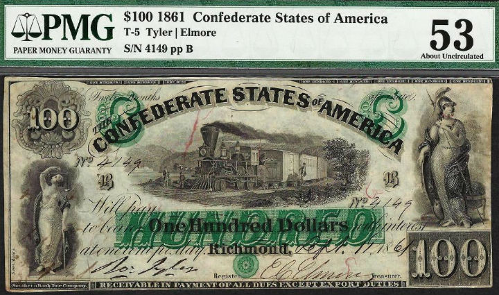 A $100 Richmond, VA Confederate States of America note sold for $2,500