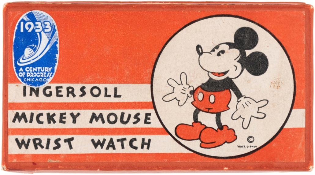 Mickey Mouse Wrist Watch box lid retains its original 1933 A Century of Progress Chicago foil sticker.