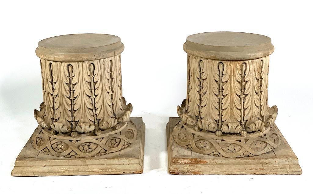 Pair of American carved pine columnar capitals, circa 1900, Corinthian style, $3,000-$5,000