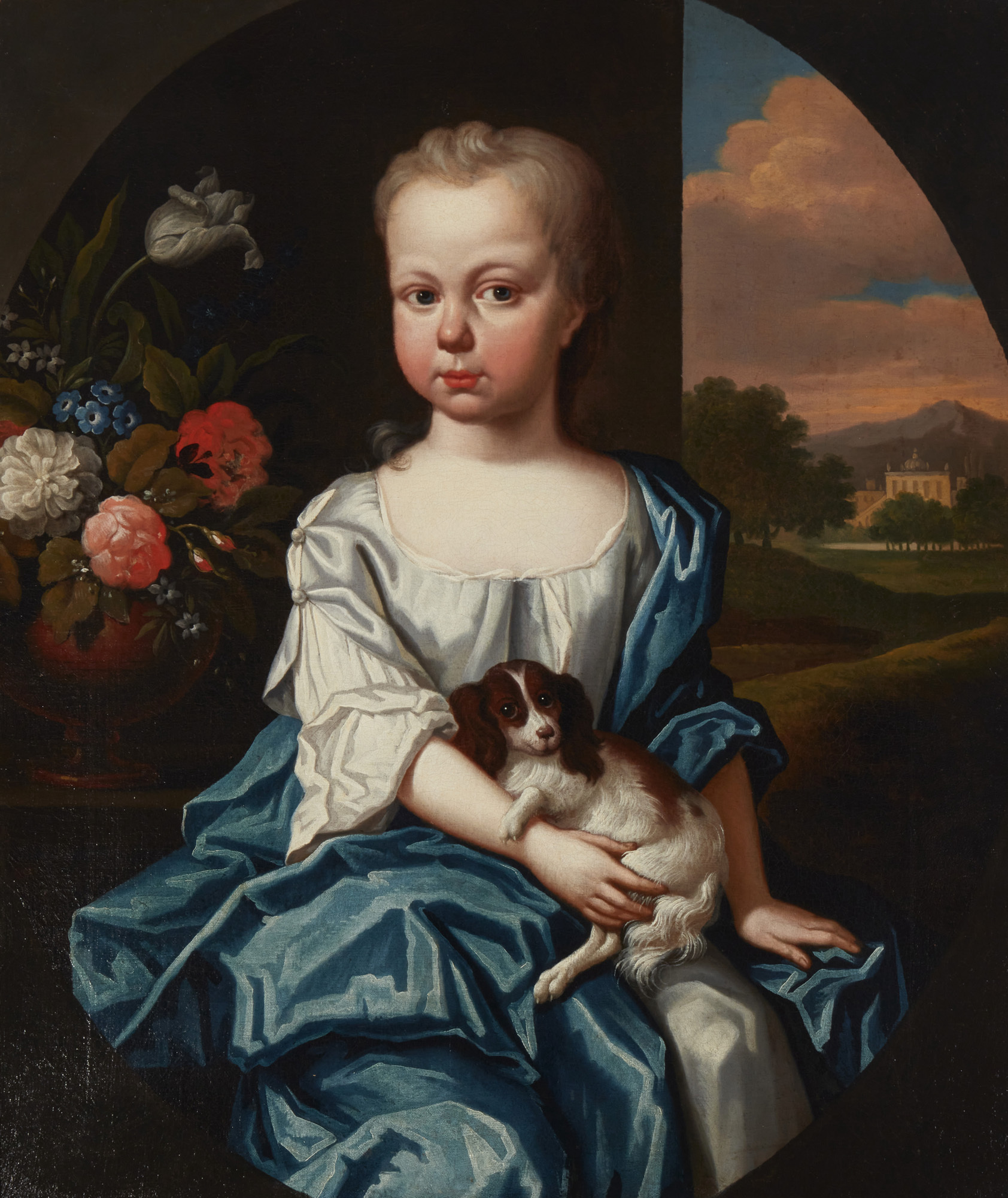 Portrait by Maria Verelst of a child with a pet spaniel