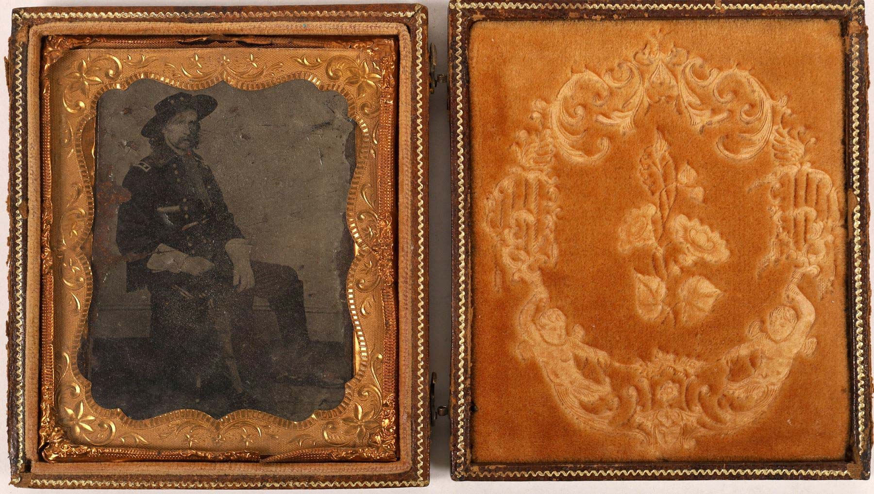 Original tintype of George Armstrong Custer in a non-political case, 3 ¼ inches by 3 ½ inches, taken in 1865 by Matthew Brady, the famous Civil War-era photographer ($5,750). Image courtesy Holabird Western Americana Auctions and Live Auctioneers.