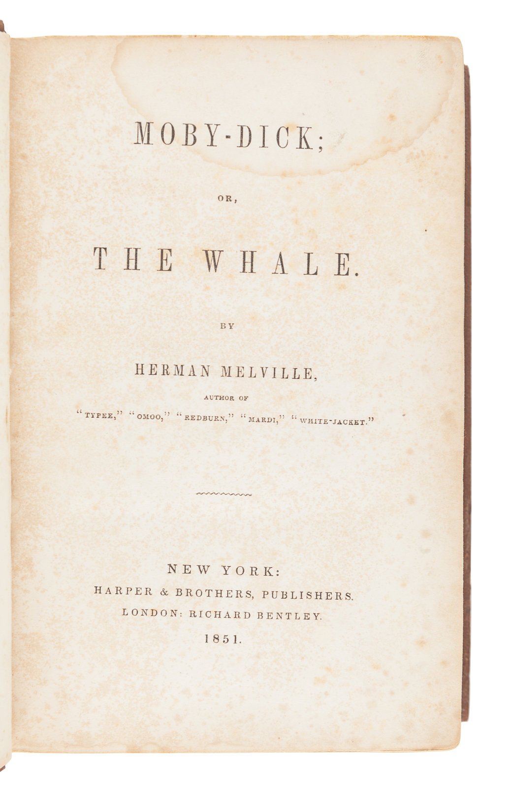 MELVILLE, Herman (1819-1891). Moby-Dick; or, the Whale. New York: Harper & Brothers, 1851. Image courtesy Hindman Auctions.