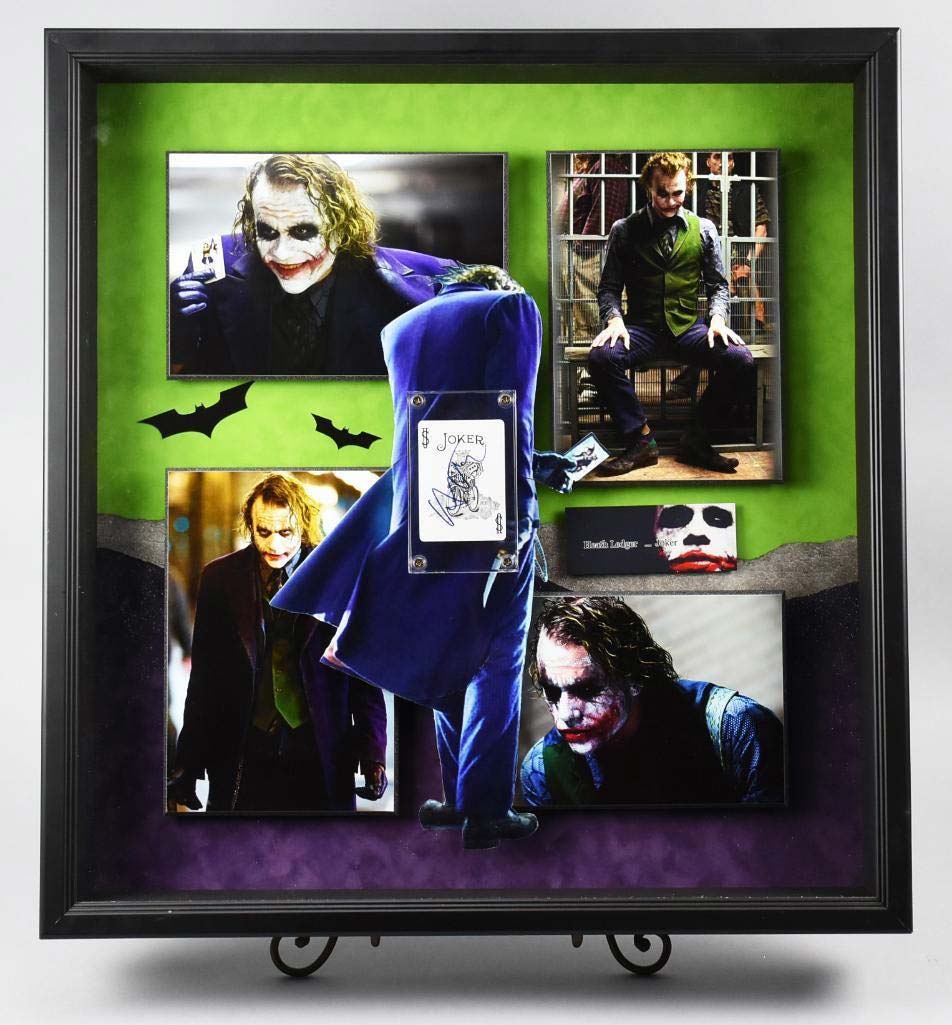 Framed montage of Heath Ledger from The Dark Knight, including autographed joker playing card, estimate $800-$1,200. Image courtesy Appraisals & Estate Sale Specialists