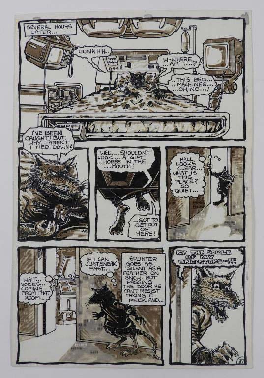 Kevin Eastman and Peter Laird Mirage original artwork for Mirage Studios’ Teenage Mutant Ninja Turtles issue 23, page 37 (1985), $3,000-$5,000). Image courtesy Bruneau & Co. and LiveAuctioneers.com