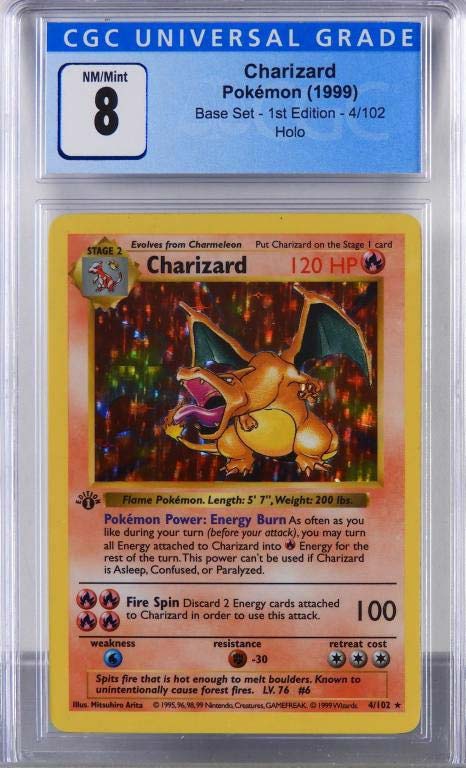 Pokémon Base Set first edition Charizard holographic trading card (United States,1999), graded CGC 8.0. Image courtesy Bruneau & Co. and LiveAuctioneers.com