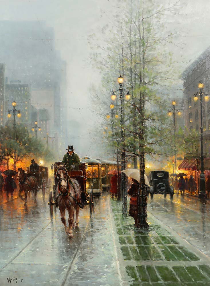 G. (Gerald Harvey Jones) Harvey (American, 1933-2017), 'Carriages on Canal Street, New Orleans.' Image courtesy Andrew Jones Auctions