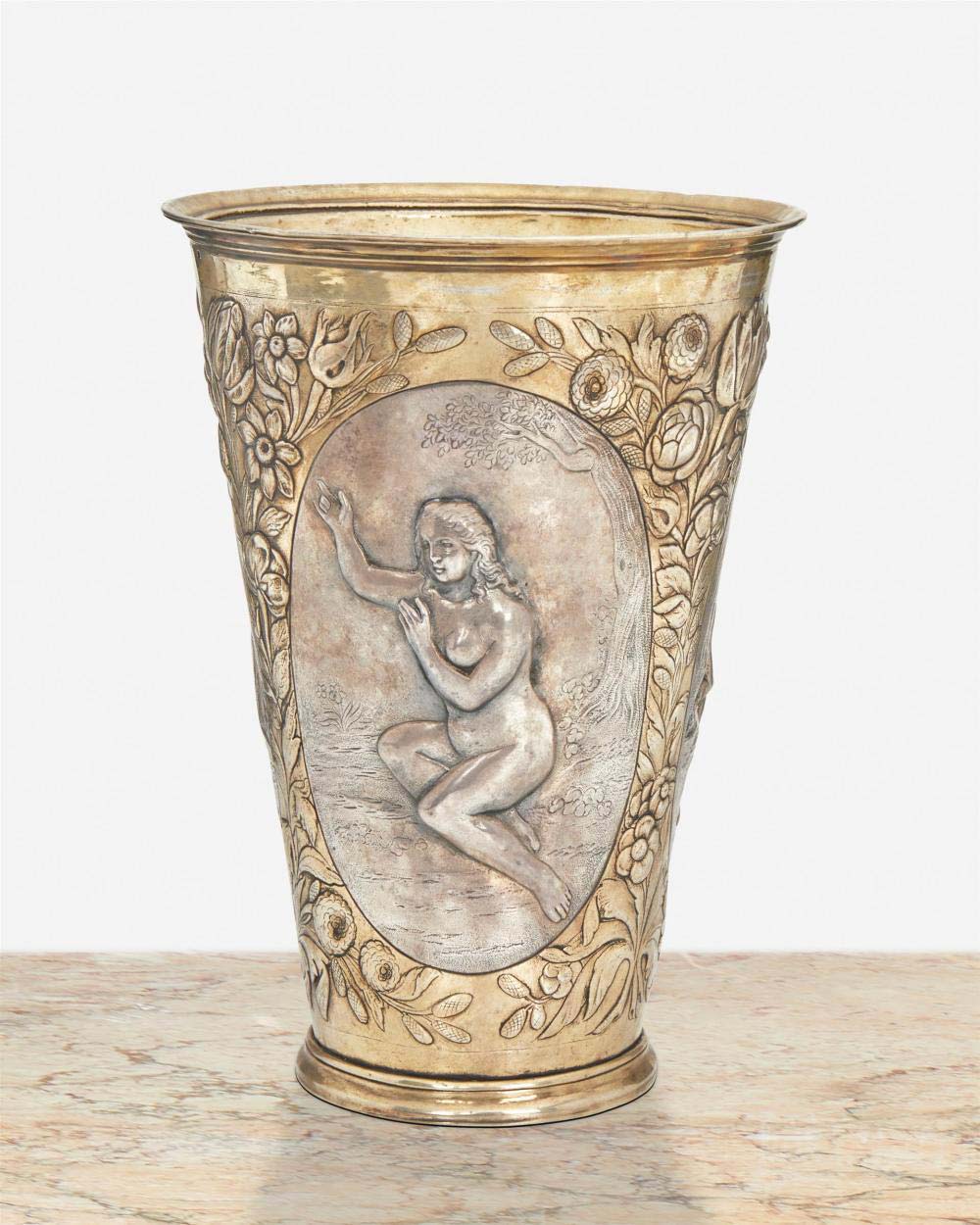 Russian parcel-gilt silver figural drinking vessel , $3,750. Image courtesy John Moran Auctioneers