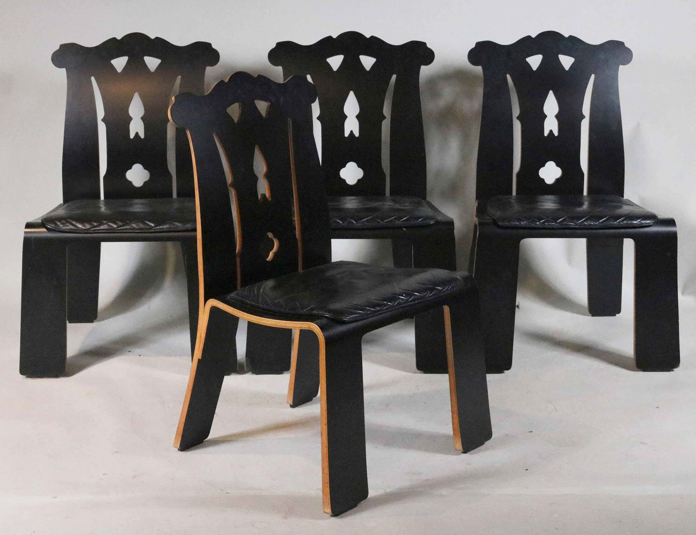 Four Robert Venturi Chippendale chairs, 1984-85, having laminate on plywood frames with leather seats, earned $15,000 plus buyer’s premium in January 2021 at Nye & Company. Photo courtesy of Nye & Company and LiveAuctioneers