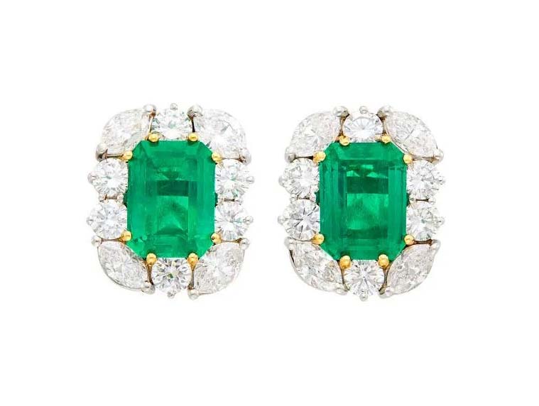 Pair of platinum, gold, emerald and diamond Earrings, $20,000-$30,000. Image courtesy Doyle New York