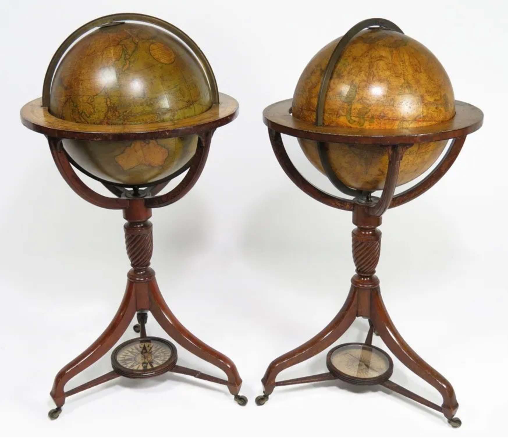 Pair of English Regency floor globes, J&W Cary, London, 1817, sold for $37,000. Image courtesy CRN Auctions