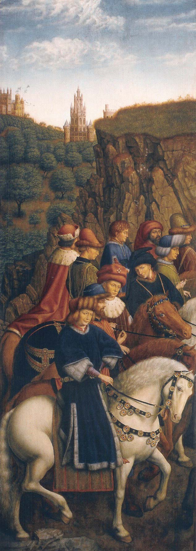 Jan van Eyck, 'Just Judges' missing panel from 'Ghent Altarpiece,' 1432, reproduction painted by Vanderveken. Public domain image via Wikipedia