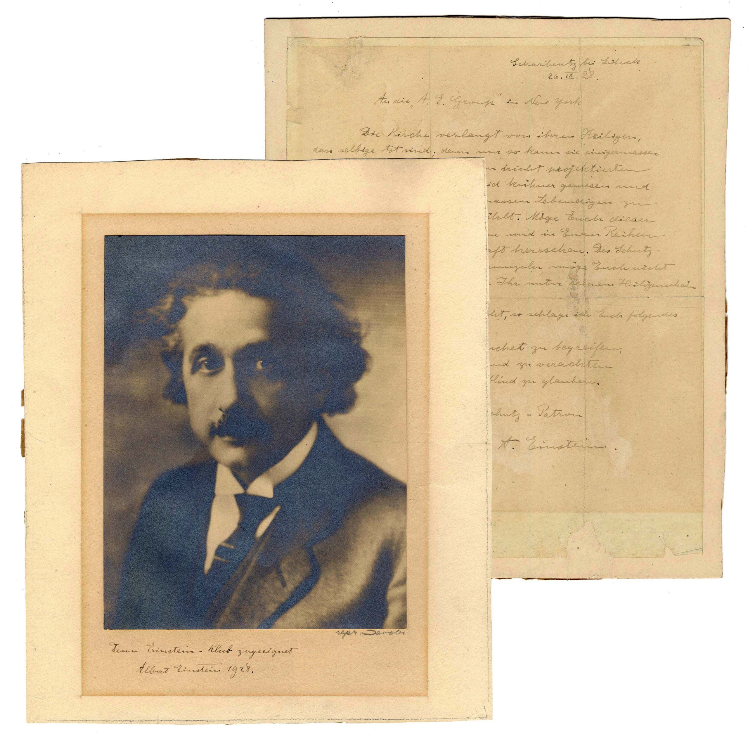 Humorous letter that “patron saint” Albert Einstein wrote to members of a fan club in 1928, accompanied by a fine vintage photograph of the revered genius ($50,000-$60,000). 