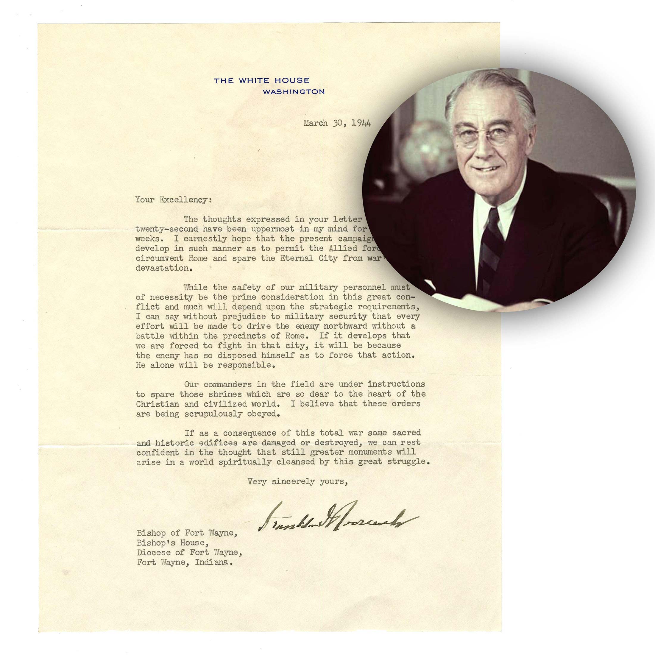 Typed 1944 letter signed to Indiana Bishop John F. Noll by President Franklin D. Roosevelt, regarding the Allied invasion of Fascist-controlled Rome and Vatican City ($8,000-$9,000).