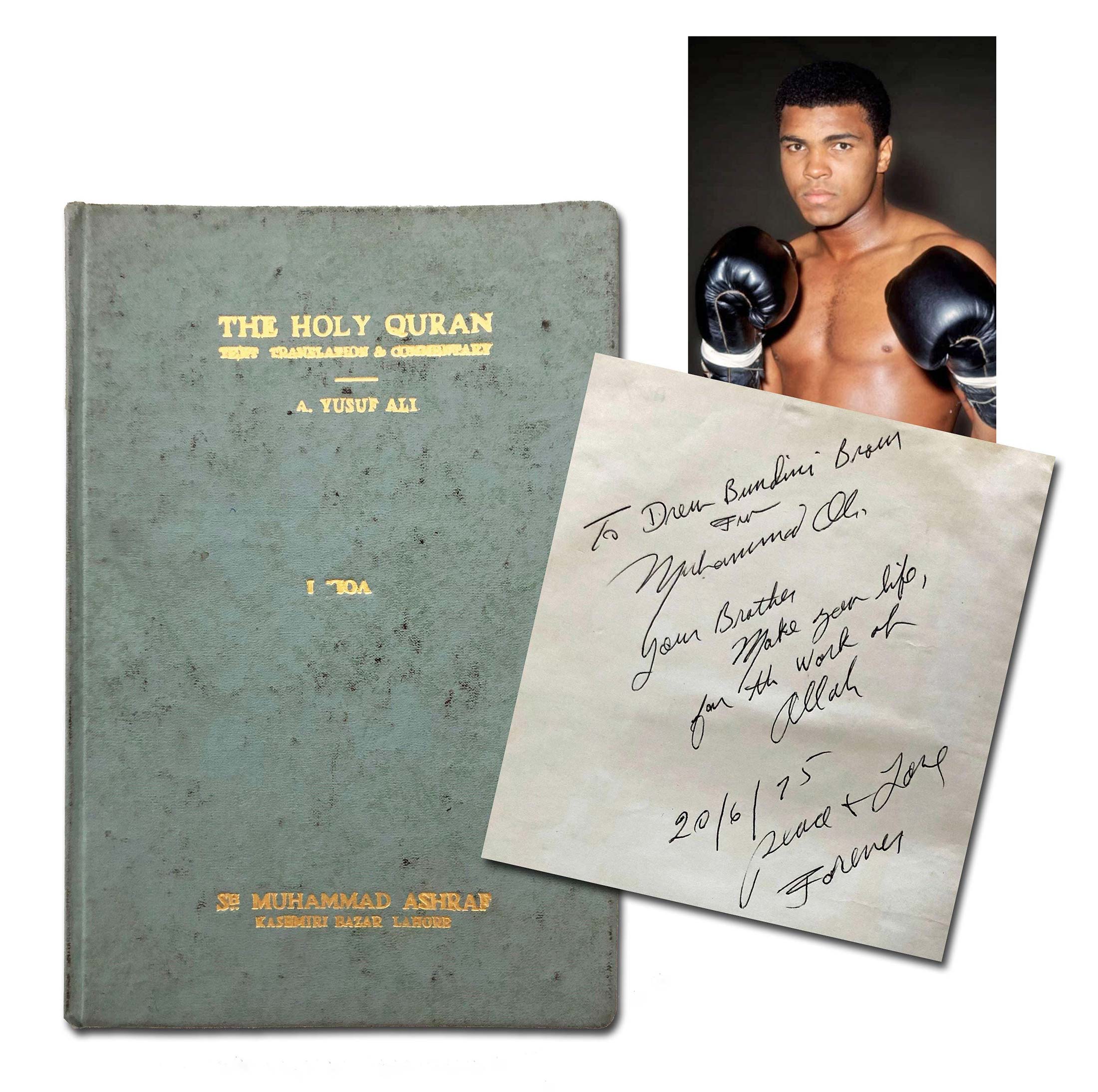 Presentation copy of The Holy Quran, signed and inscribed by Muhammad Ali to Drew Brown, Ali’s longtime friend, adviser and corner man ($9,000-$10,000).