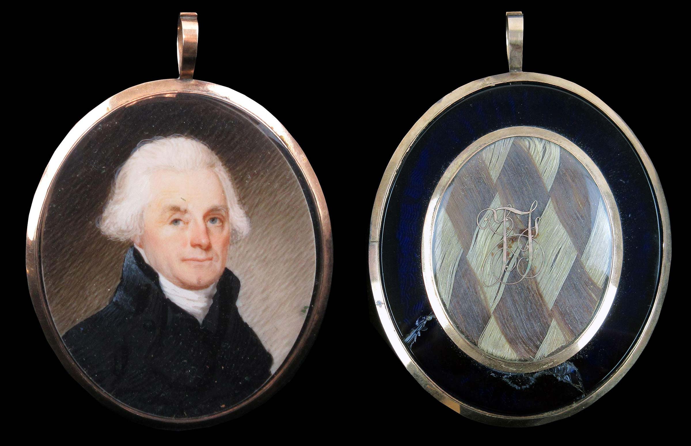 Exquisite portrait miniature of Thomas Jefferson attributed to the British miniaturist Robert Field (1769-1819), along with two locks of hair (one of them Jefferson’s) ($60,000-$500,000).