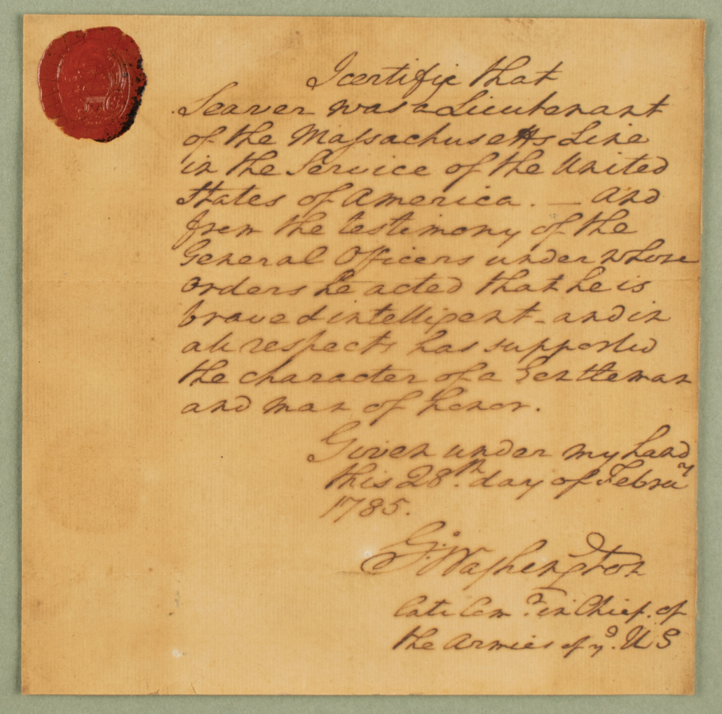 A post-Revolution recommendation from George Washington with red wax seal, estimated at $25,000-$35,000