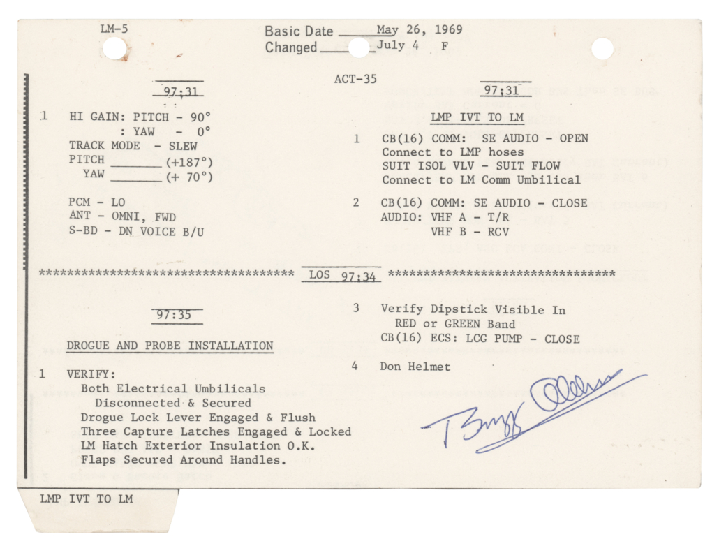 A double-sided page Apollo 11 checklist page from Buzz Aldrin, estimated at $40,000-plus