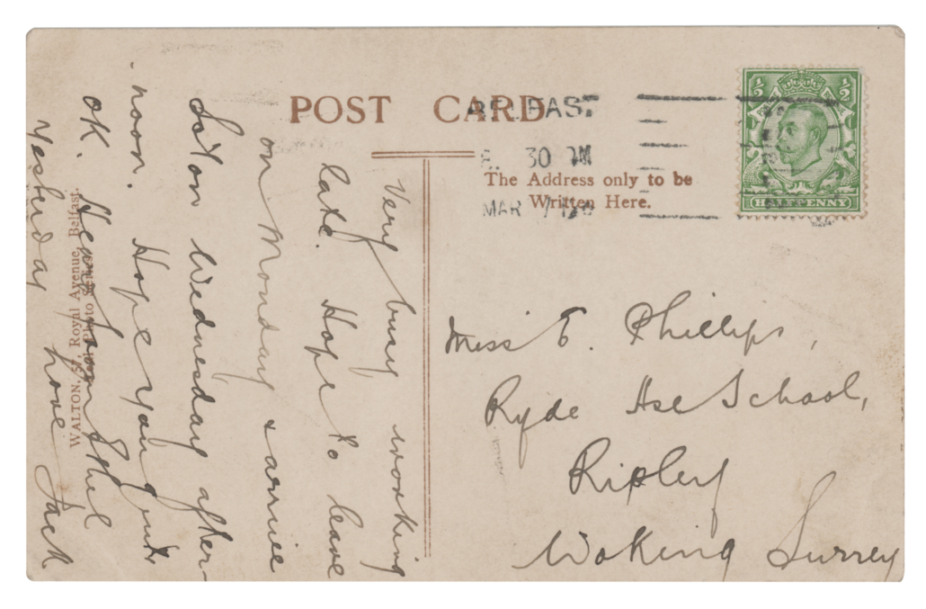 The handwriting of Jack Phillips, senior radio operator of the Titanic, on a March 1912 postcard estimated at $15,000-plus