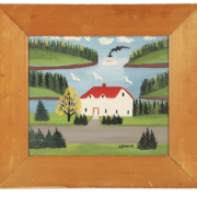 Circa 1960 painting on green board by Maud Lewis (Canadian, 1903-1970), estimated at $8,000-$12,000.