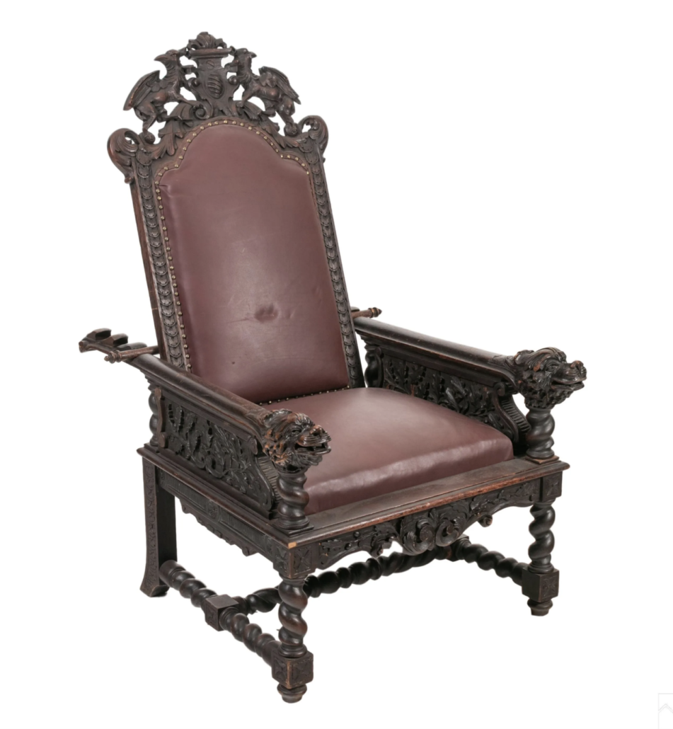 Gothic Revival adjustable recliner throne chair, estimated at $100-$1,000