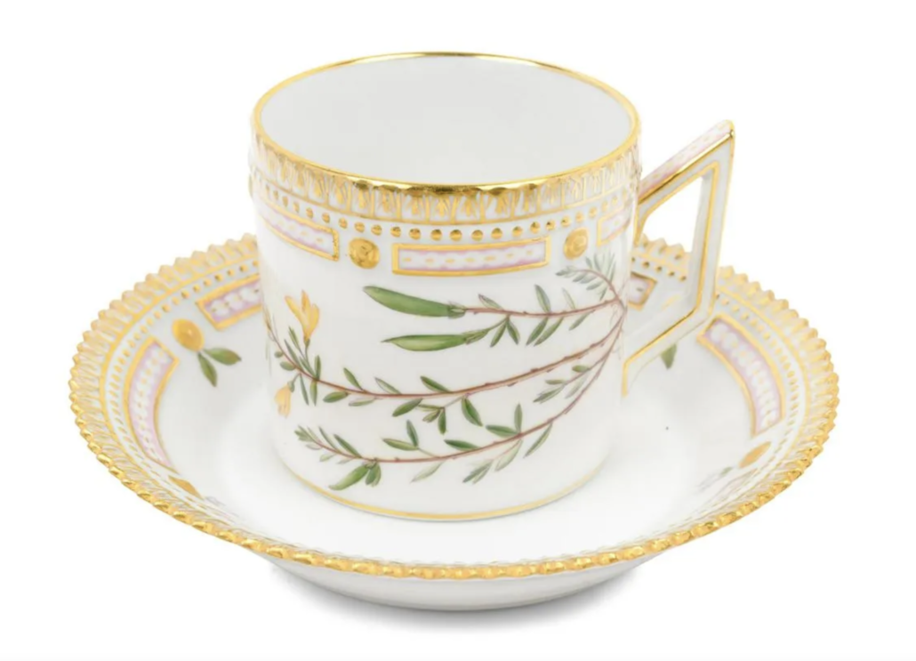 Royal Copenhagen set of 11 Flora Danica teacups and saucers, estimated at $3,000-$5,000