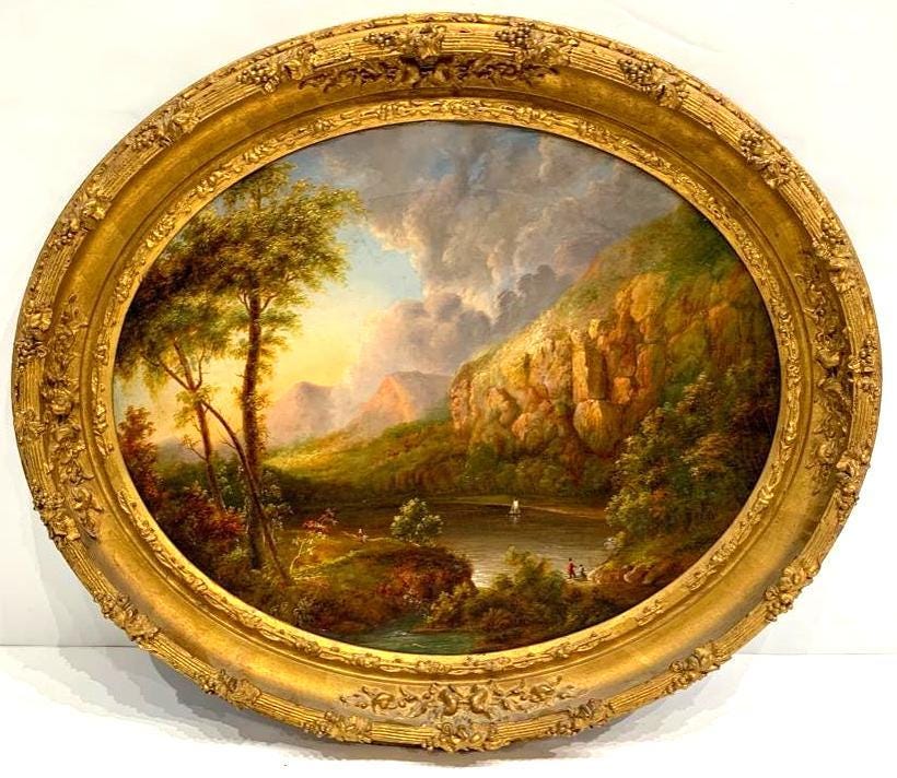  19th century Hudson River School oil painting of a mountainous river landscape, which sold for $7,380
