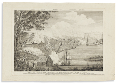 A 1776 engraving of the Late Battle at Charlestown on June 17, 1775, by Bernard Romans, estimated at $40,000-$60,000