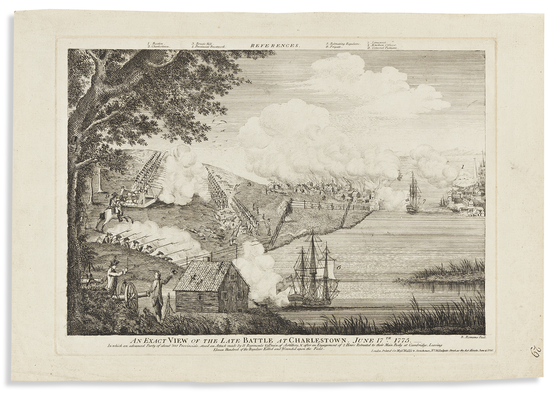 A 1776 engraving of the Late Battle at Charlestown on June 17, 1775, by Bernard Romans, estimated at $40,000-$60,000