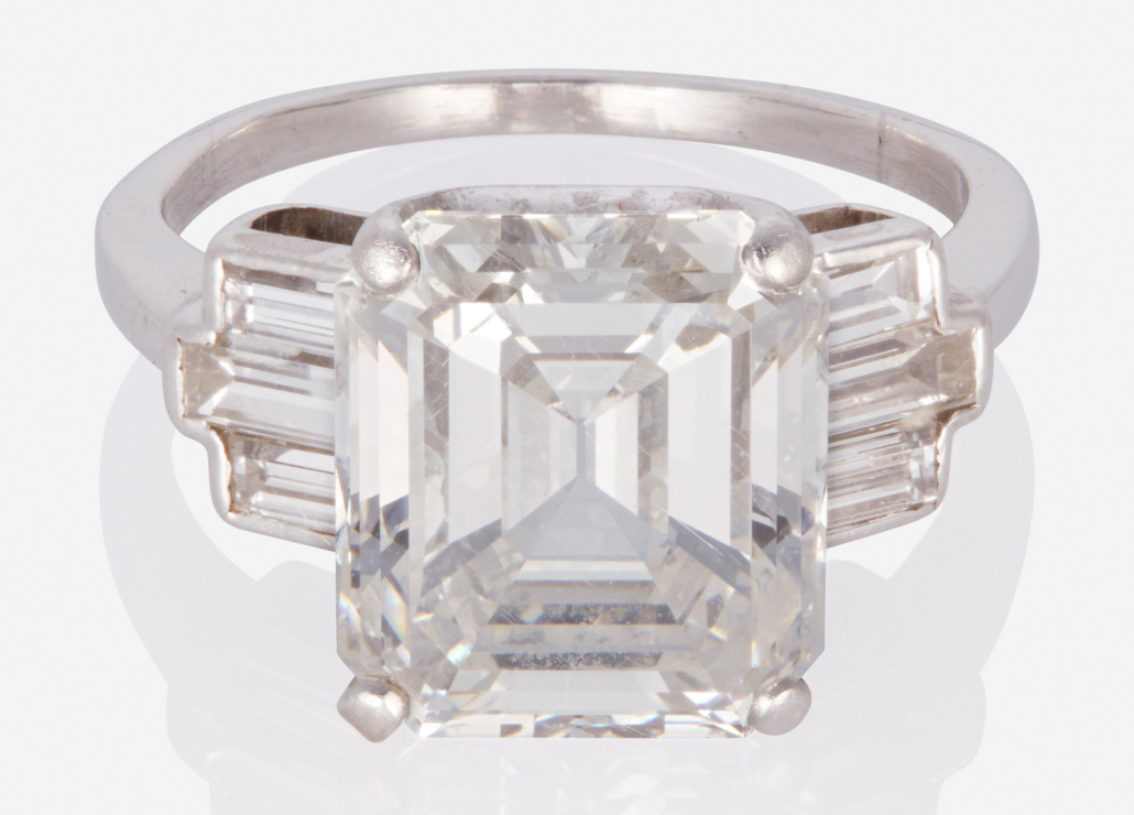 Emerald-cut diamond ring with flanking baguettes, estimated at $120,000-$180,000