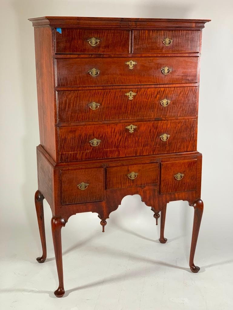 Circa 1740 Massachusetts Queen Anne maple flat-top highboy, which sold for $7,995