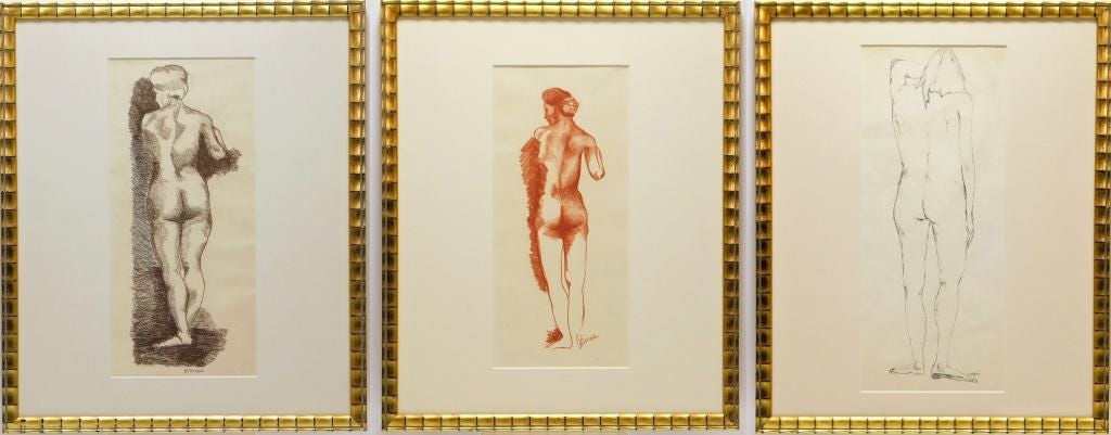 Three nude study drawings by Richard Prince (N.Y., b. 1949) will be sold as one lot, with a pre-sale estimate of $20,000-$30,000
