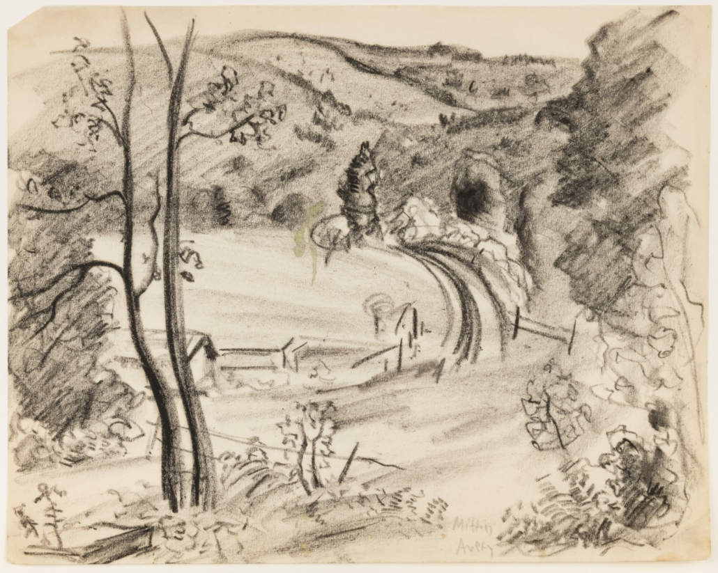 Milton Avery, Untitled (Collinsville Landscape Sketch), c. 1930. Pencil on paper. 8.5 x 11 inches. The Milton and Sally Avery Arts Foundation, Inc. © 2021 The Milton Avery Trust / Artists Rights Society (ARS), New York