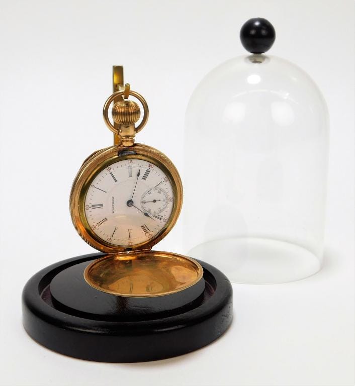 A circa 1907 gold pocket watch by the Waltham (Mass.) Watch Co., estimated at $400-$600