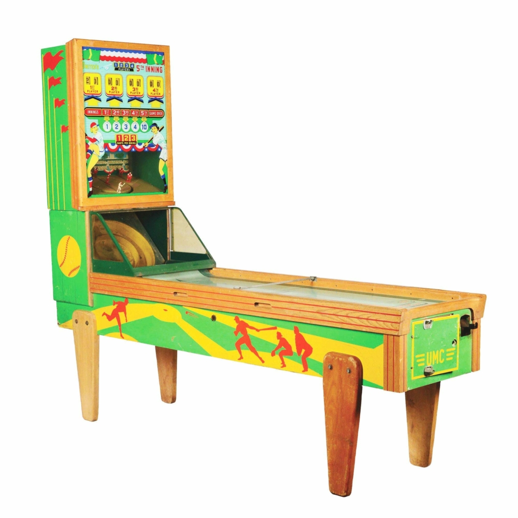 A hybrid game of sorts is this circa 1955 United 5th Inning shuffle alley baseball machine, combining the action of roller games and shuffle games. It realized $2,250 plus the buyer’s premium in October 2020 at Dan Morphy Auctions.