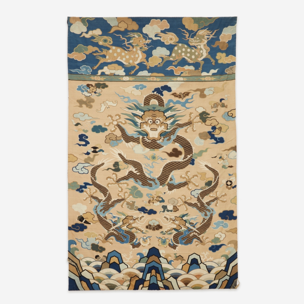 Large kesi tapestry Dragons panel, which realized $63,000