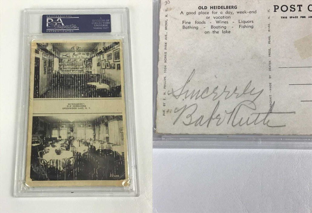 Postcard signed by Babe Ruth, estimated at $12,000-$18,000