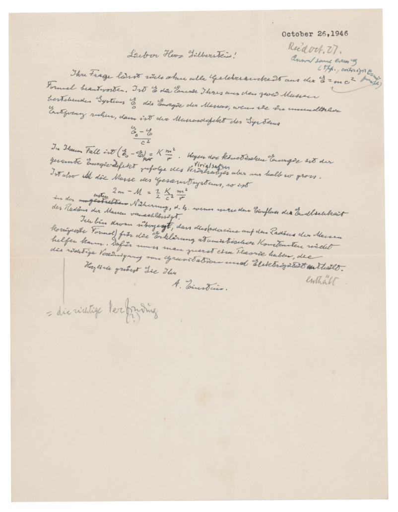 The short 1946 letter in which Einstein handwrites the famous equation E = mc2 could sell for $400,000-$600,000.