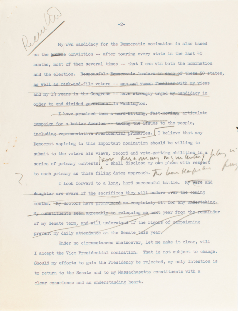Page from JFK draft of historic 1960 speech, estimated at $100,000-$200,000