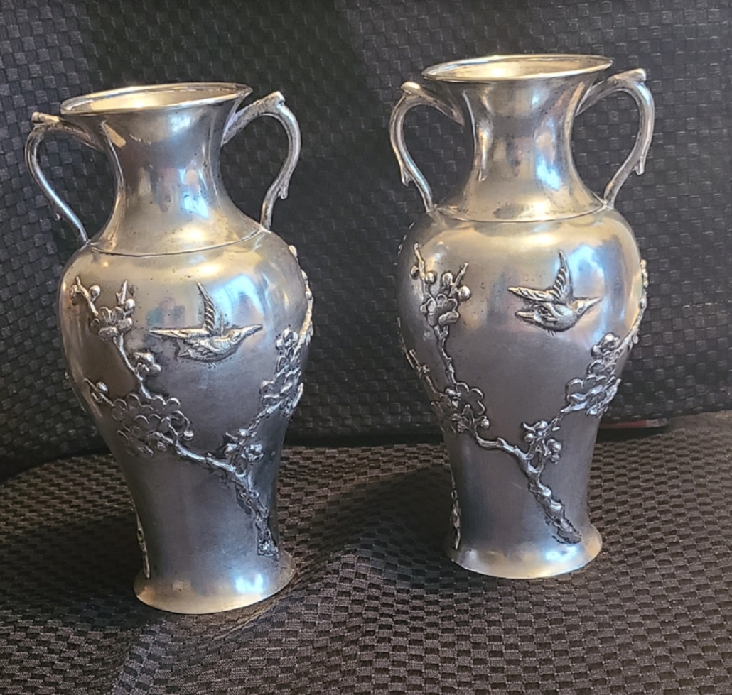 Sterling silver pair of Ning Zhao Ji Chinese export vases, estimated at $1,500-$3,000