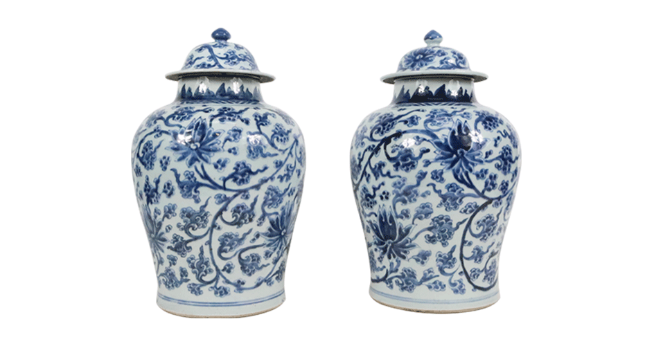 Pair of Chinese Export blue and white covered vases, estimated at $2,000-$4,000