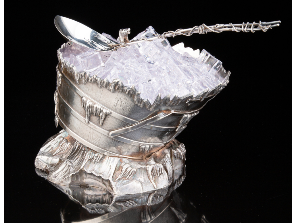 Gorham barrel-form silver ice bucket with spoon, estimated at $12,000-$18,000