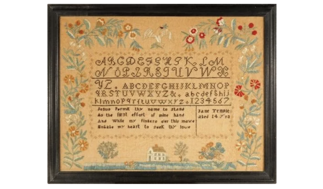 Schoolgirl sampler by 14-year-old Jane Temple, circa 1828, estimated at $5,000-$6,000