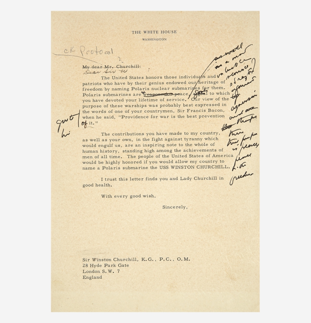 Annotated 1962 letter from President Kennedy to former British Prime Minister Churchill, estimated at $35,000-$50,000