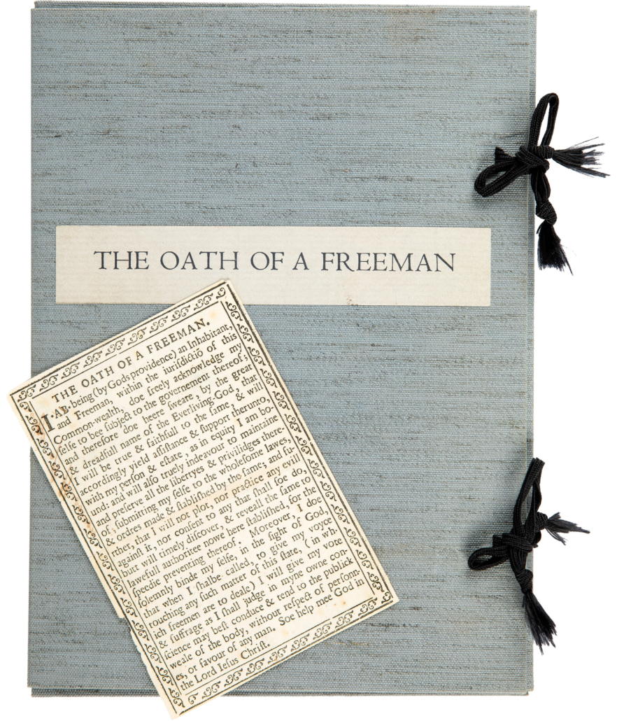 ‘The Oath of a Freeman,’ made by the infamous forger Mark Hofmann, will be offered for sale with the slipcover the Library of Congress created for the document while it was considering whether to acquire it. Hofmann confessed to the forgery in 1987.