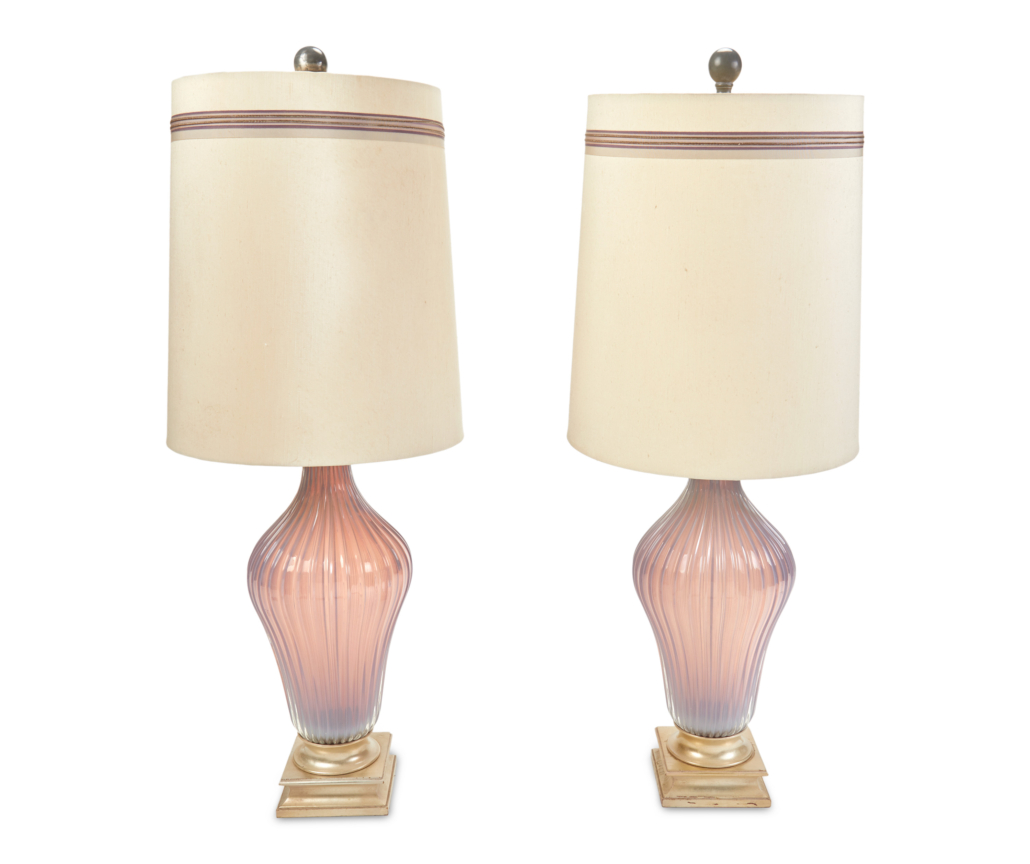 Pair of lavender Italian Murano glass table lamps estimated at $1,800-$2,200
